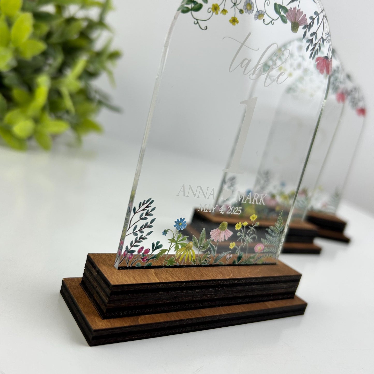 Clear flower table number, number with stand, wildflower numbers, table number set, wedding table floral number, wedding table decor