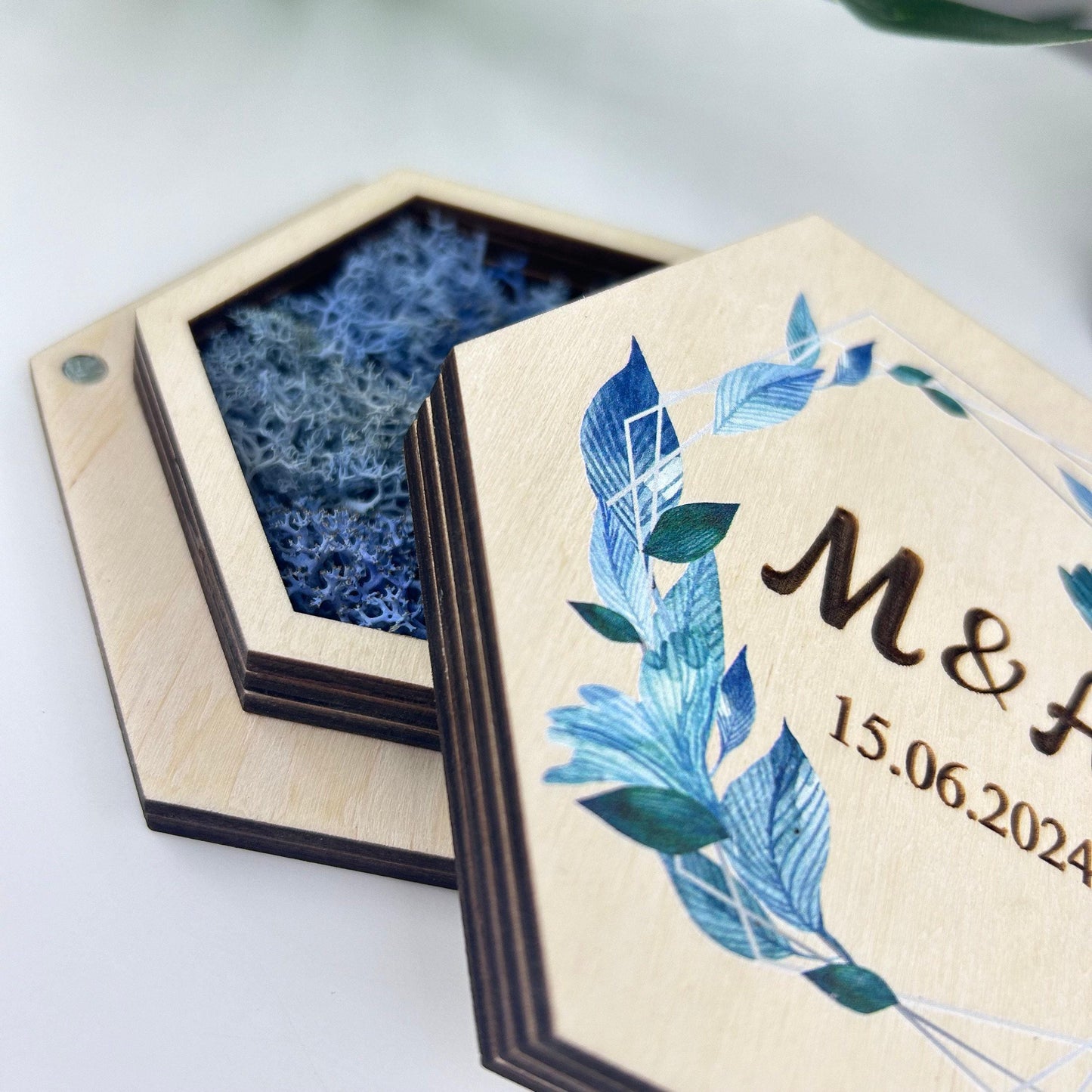 Custom wedding ring holder, ring bearer ring box, hexagon ring holder, double slot ring box, ceremony ring holder, ring box with names