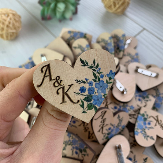 Wooden engraved wedding boutonniere, custom name badge, wildflower wedding heart shaped tags, save the date favor, wedding keepsake