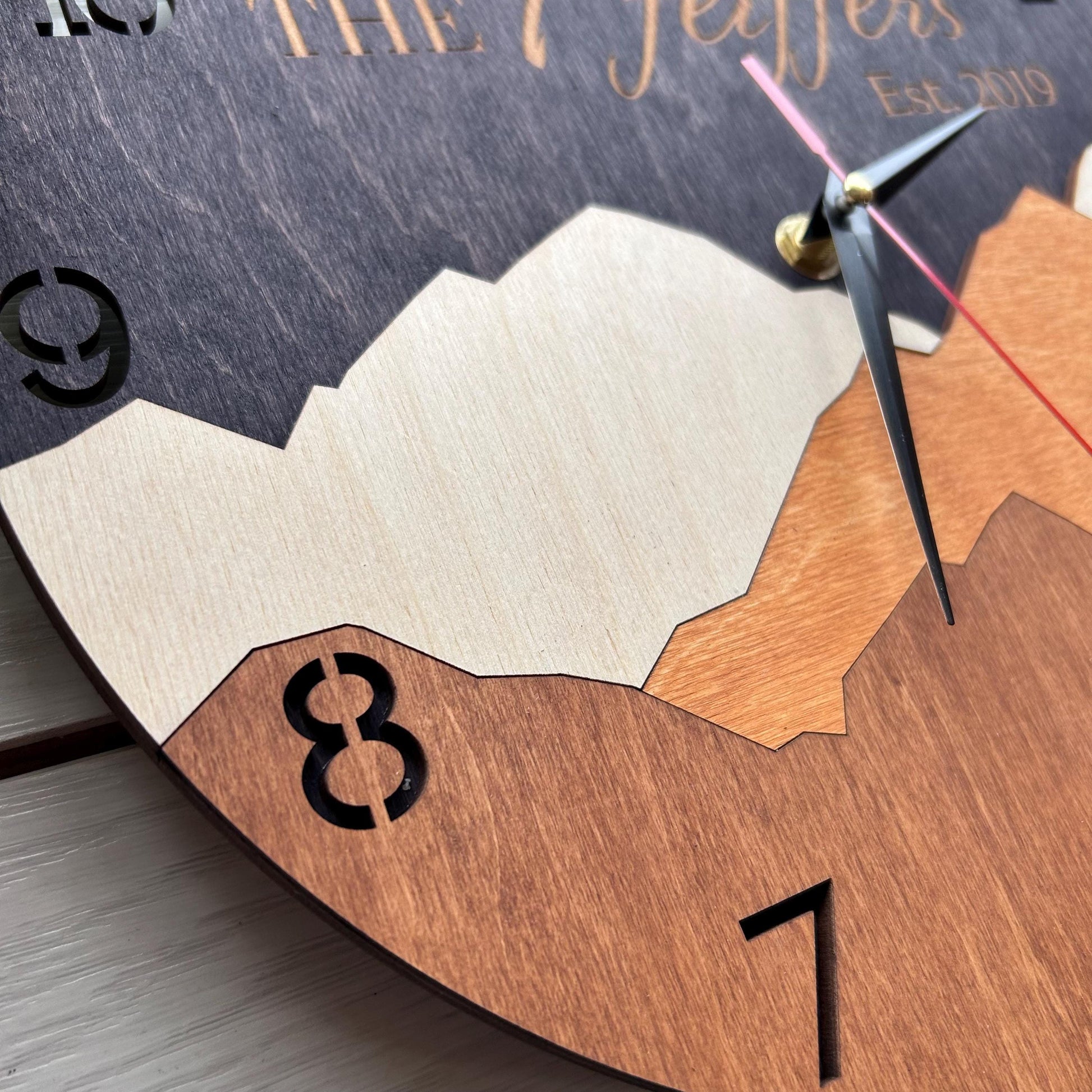 Large Mountain Wall Clock, Custom Last Name Sign & 5th Anniversary Gift