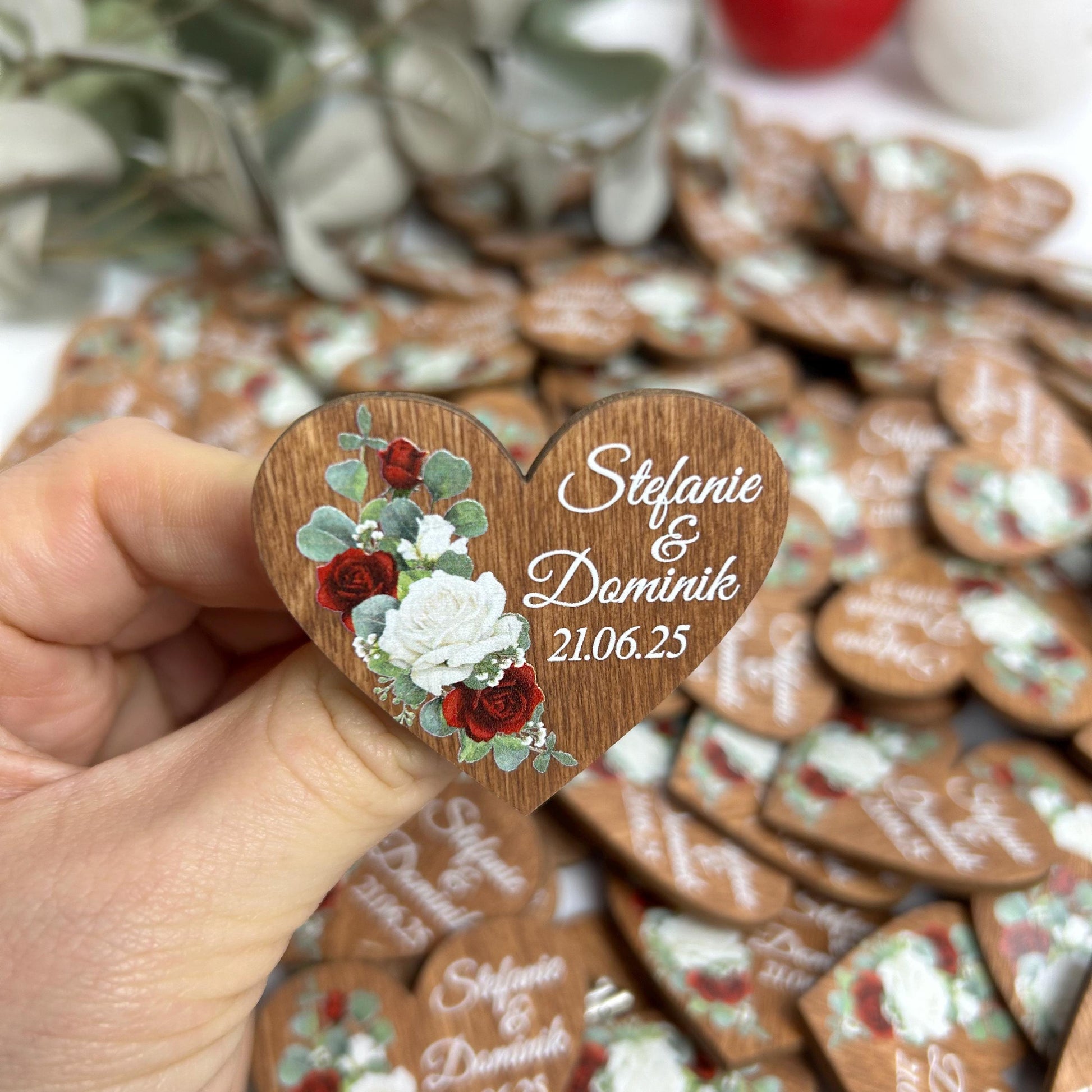Engraved Wooden Heart Boutonnieres, Burgundy Floral Wedding Favors