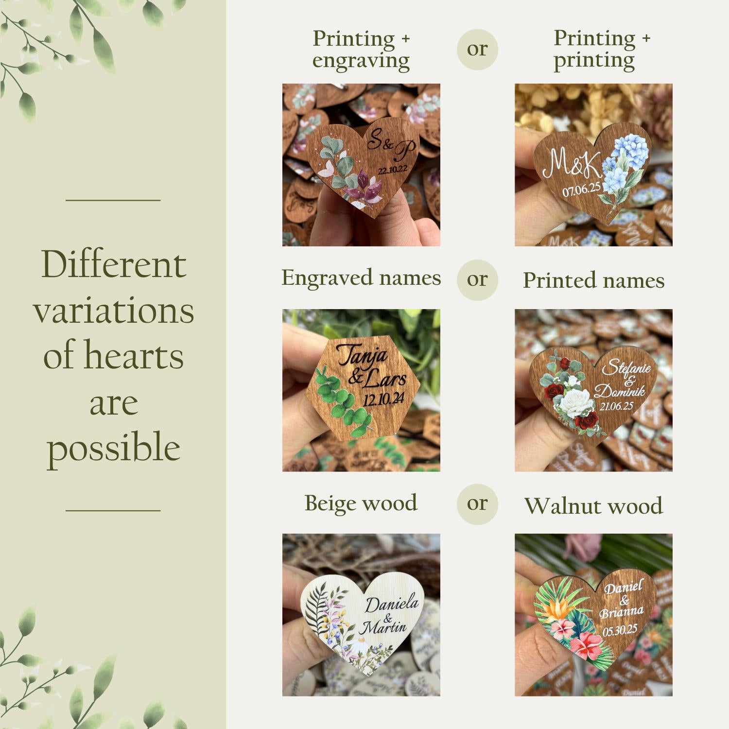 Engraved Wooden Heart Boutonnieres, Burgundy Floral Wedding Favors