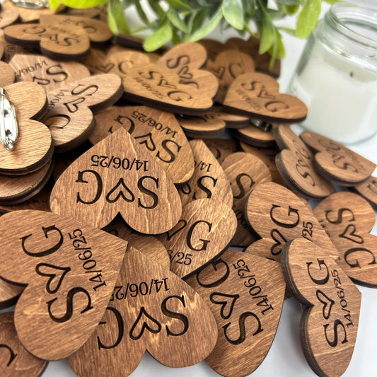 Rustic heart shaped tags, wedding boutonniere, engraved wood hearts, engraved rustic boutonniere, wood wedding pins, wooden name hearts