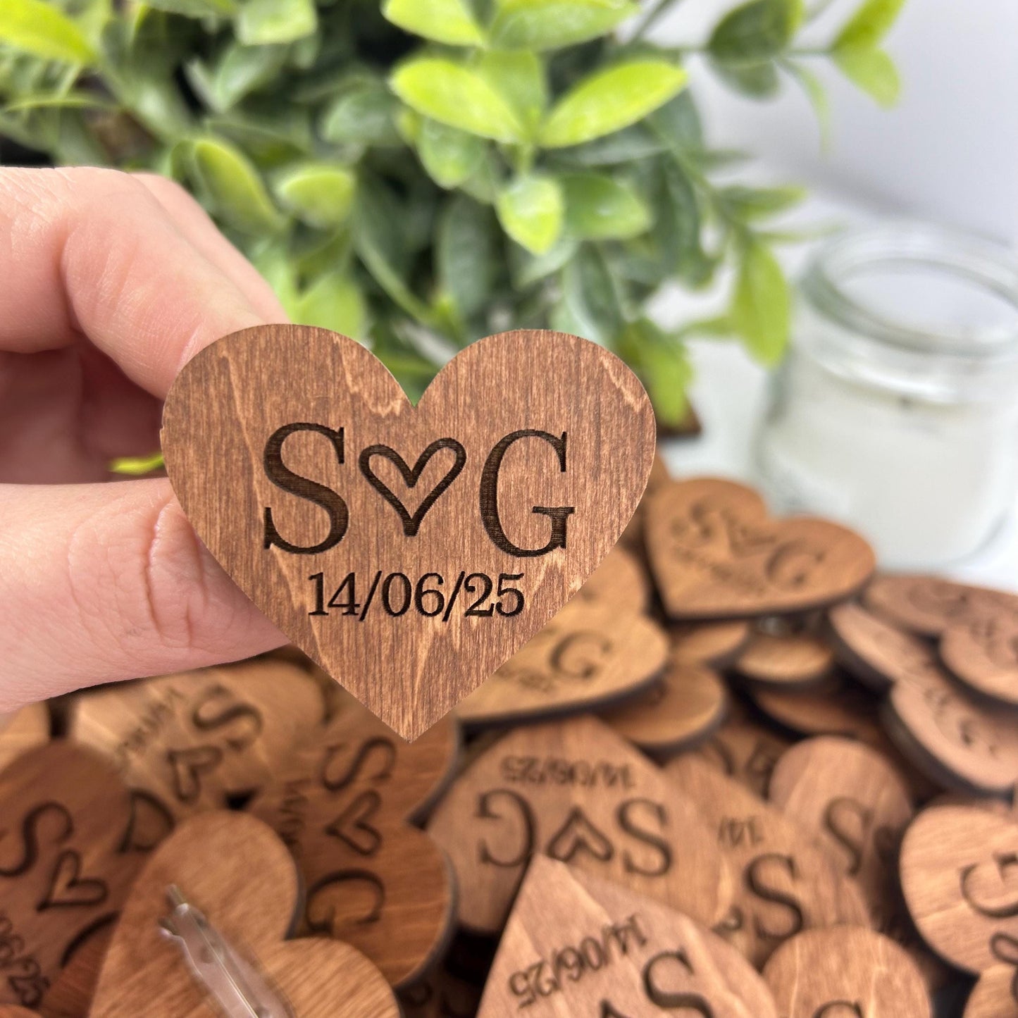 Rustic heart shaped tags, wedding boutonniere, engraved wood hearts, engraved rustic boutonniere, wood wedding pins, wooden name hearts