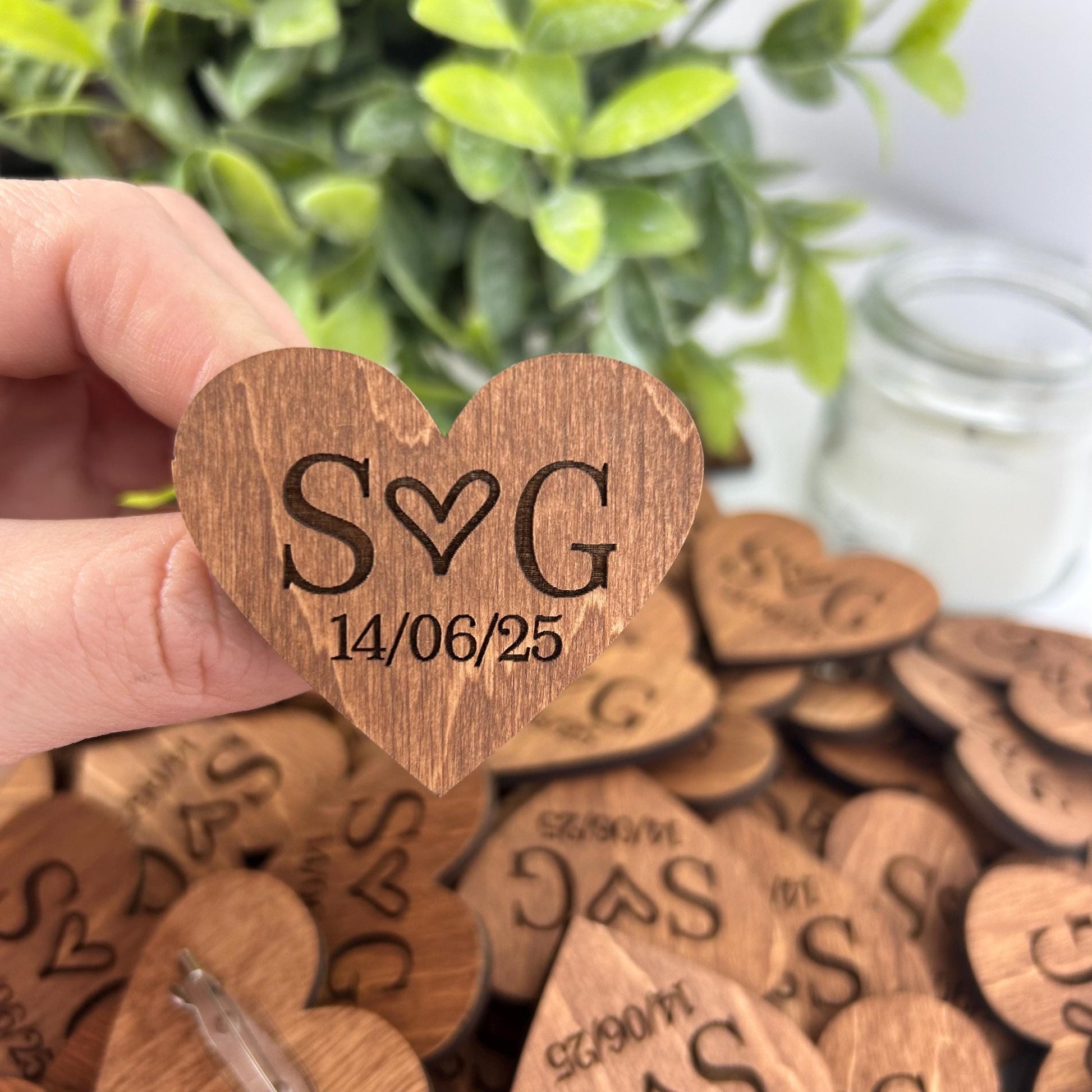 Rustic heart shaped tags, wedding boutonniere, engraved wood hearts, engraved rustic boutonniere, wood wedding pins, wooden name hearts