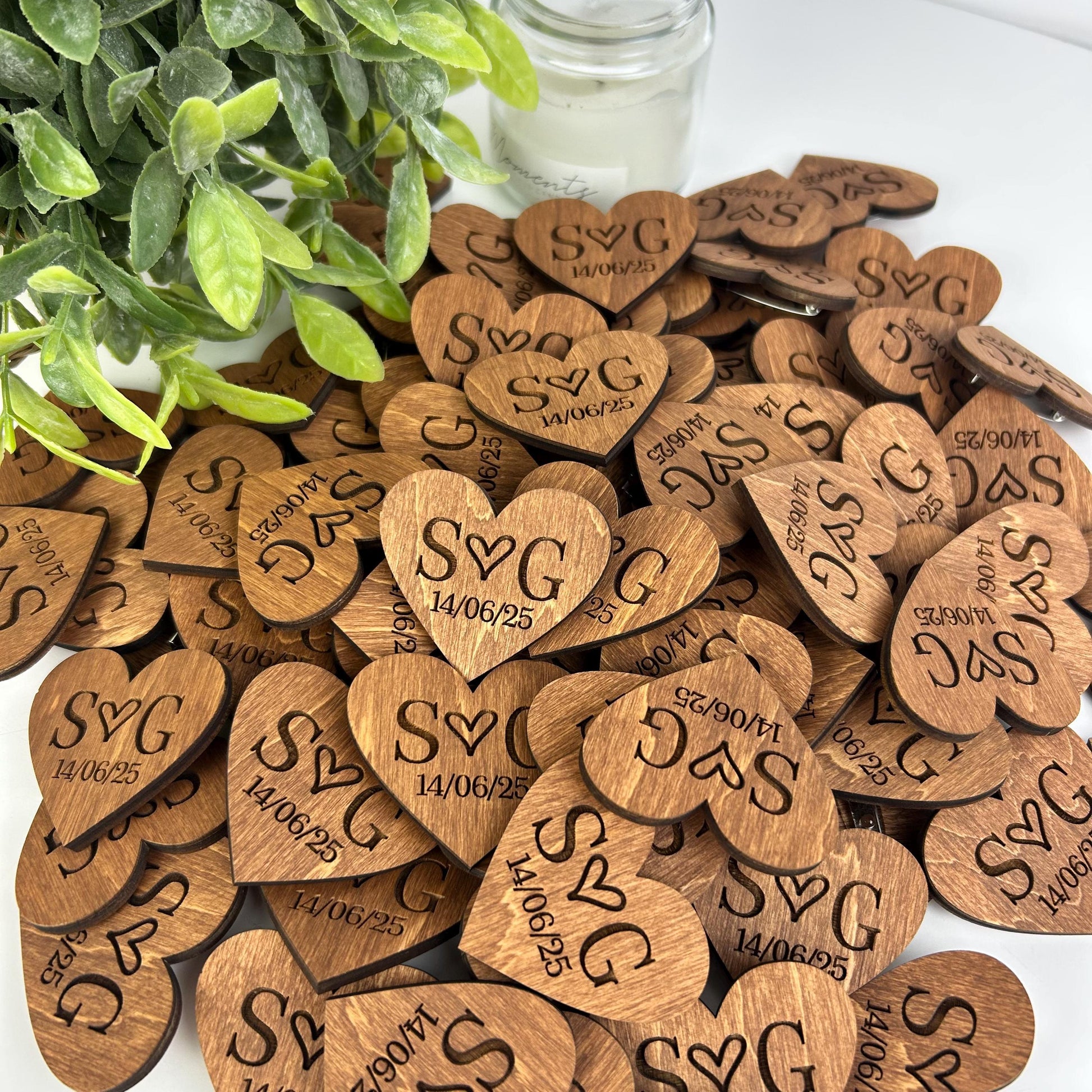 Rustic heart shaped tags, wedding boutonniere, engraved wood hearts, engraved rustic boutonniere, wood wedding pins, wooden name hearts