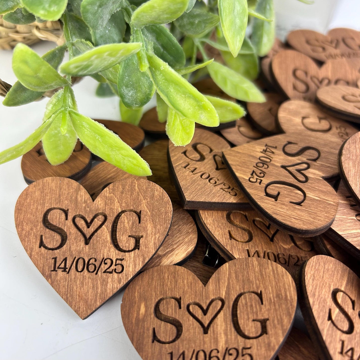 Rustic heart shaped tags, wedding boutonniere, engraved wood hearts, engraved rustic boutonniere, wood wedding pins, wooden name hearts