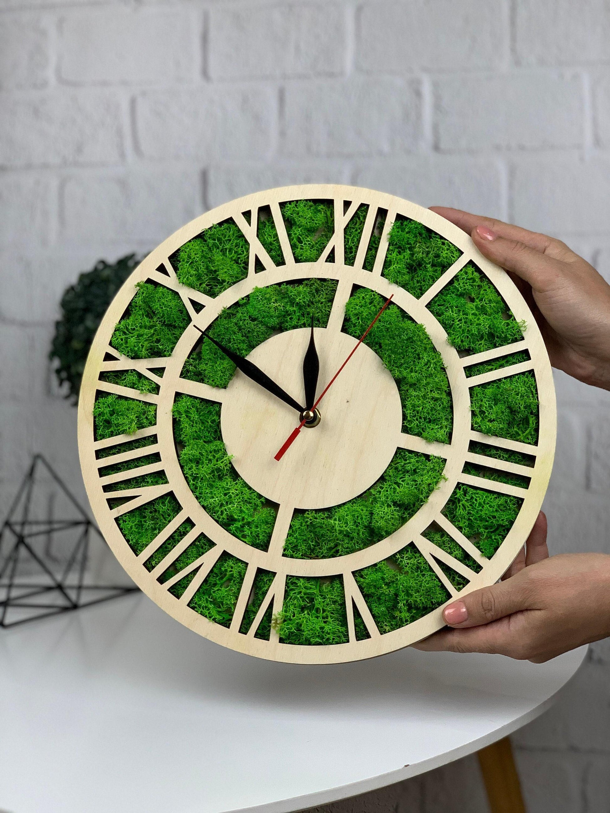 Large wall clock with moss, wood wall clock, wall moss art, rustic wood clock, minimalist clock, living room decor, housewarming gift