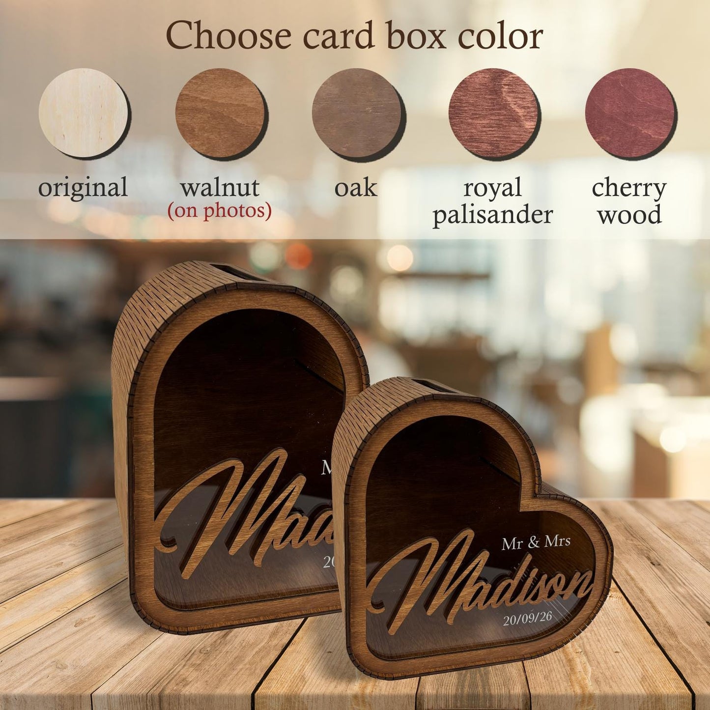 Heart Shaped Wedding Card Box: Custom Flower Wood Money Case, Wedding Envelope Box