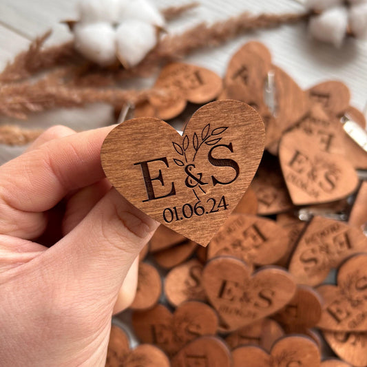 Wooden Engraved Wedding Hearts, Custom Save The Date Pins And Unique Guest Boutonnieres