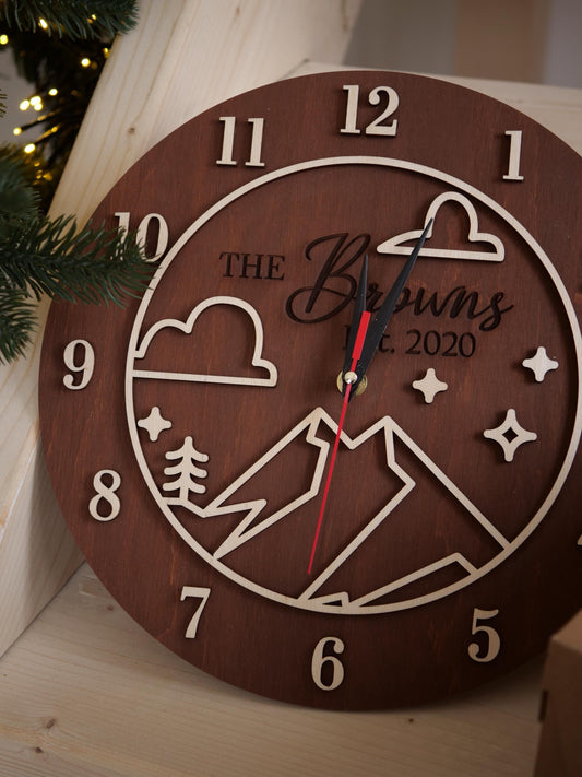 Personalized Clock & Mountain Wall Art, Family Name Sign for 5th Anniversary Gift