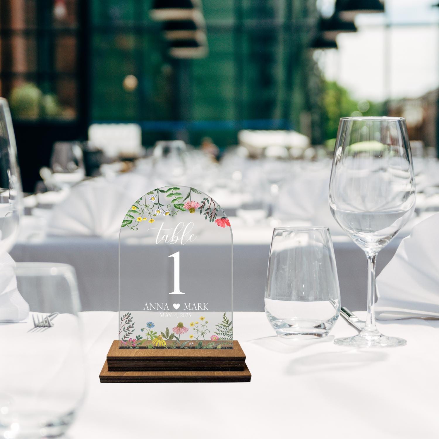 Clear flower table number, number with stand, wildflower numbers, table number set, wedding table floral number, wedding table decor