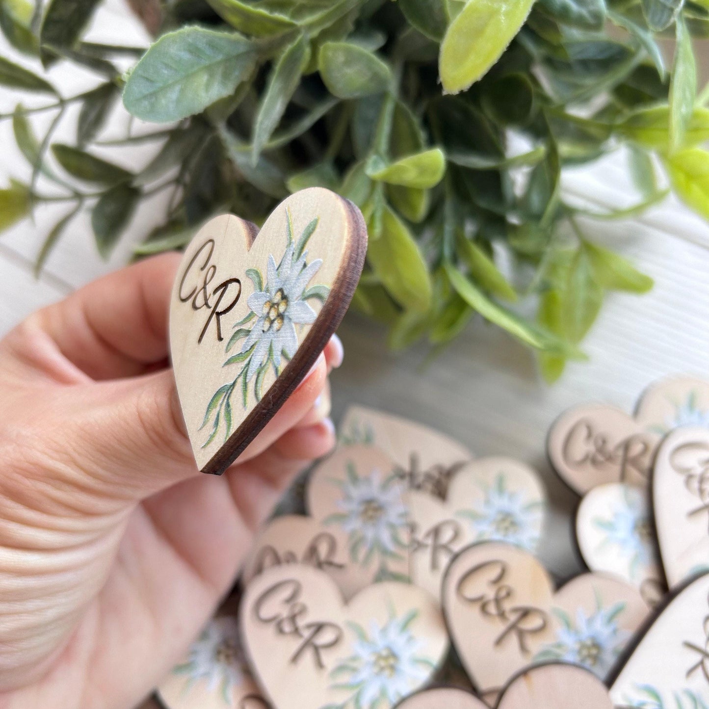 Green flower boutonniere, heart shaped pins, guests boutonnieres, green flower pins, custom wedding guest favors, boho personalized pins