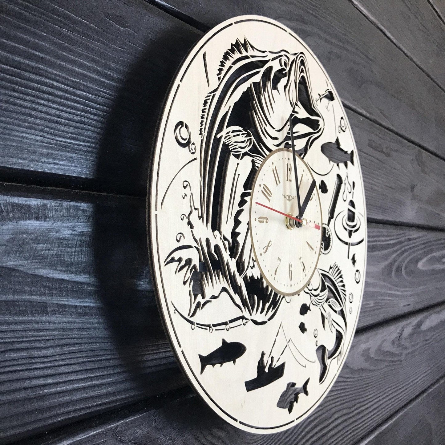 Fishing Wall Clock Wood Gift For Men Fisherman Gift 5th Anniversary Personalized Fishing Poster Wood Hanging Custom Fishing Wood Cutout
