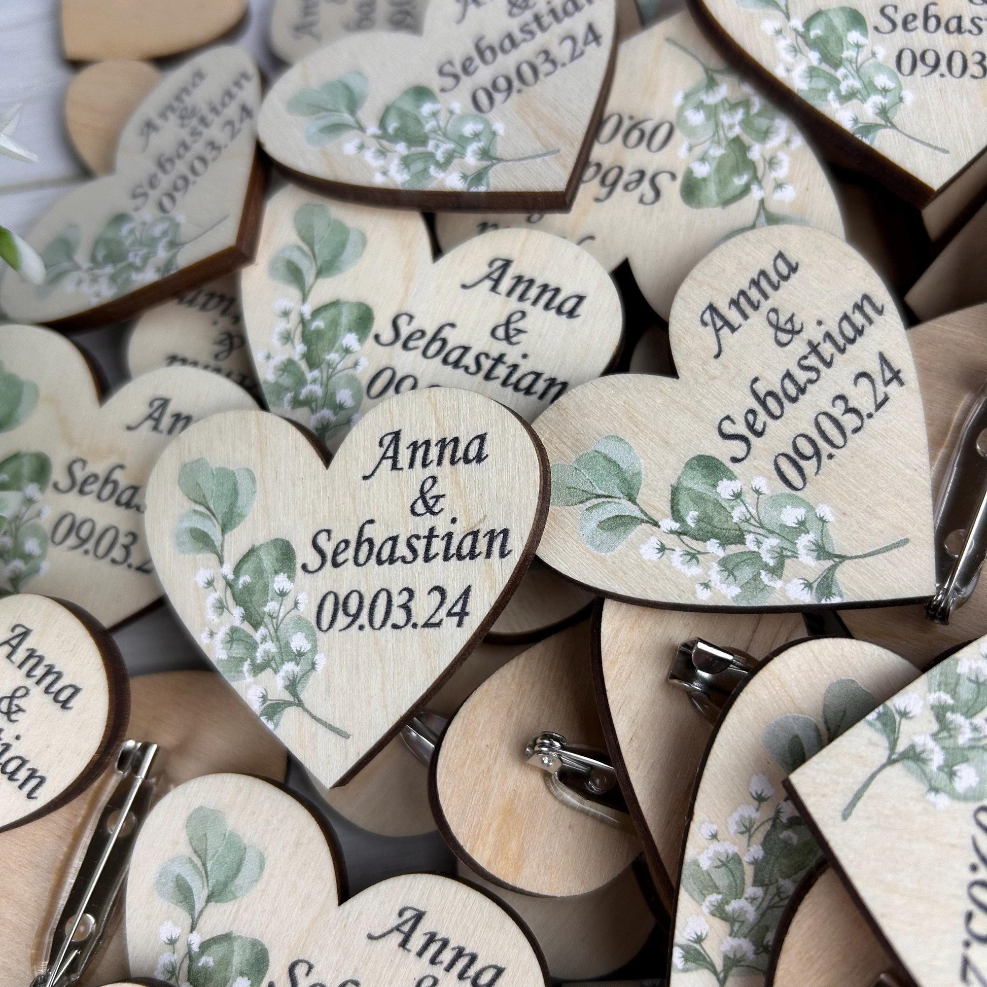 Wedding heart shaped wooden boutonnieres set, eucalyptus wedding, green rustic boutonnieres, engraved wood pins, wedding guest tag