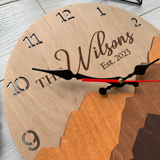 Personalized Family Name Sign, Mountain Wall Clock & 5th Anniversary Gift