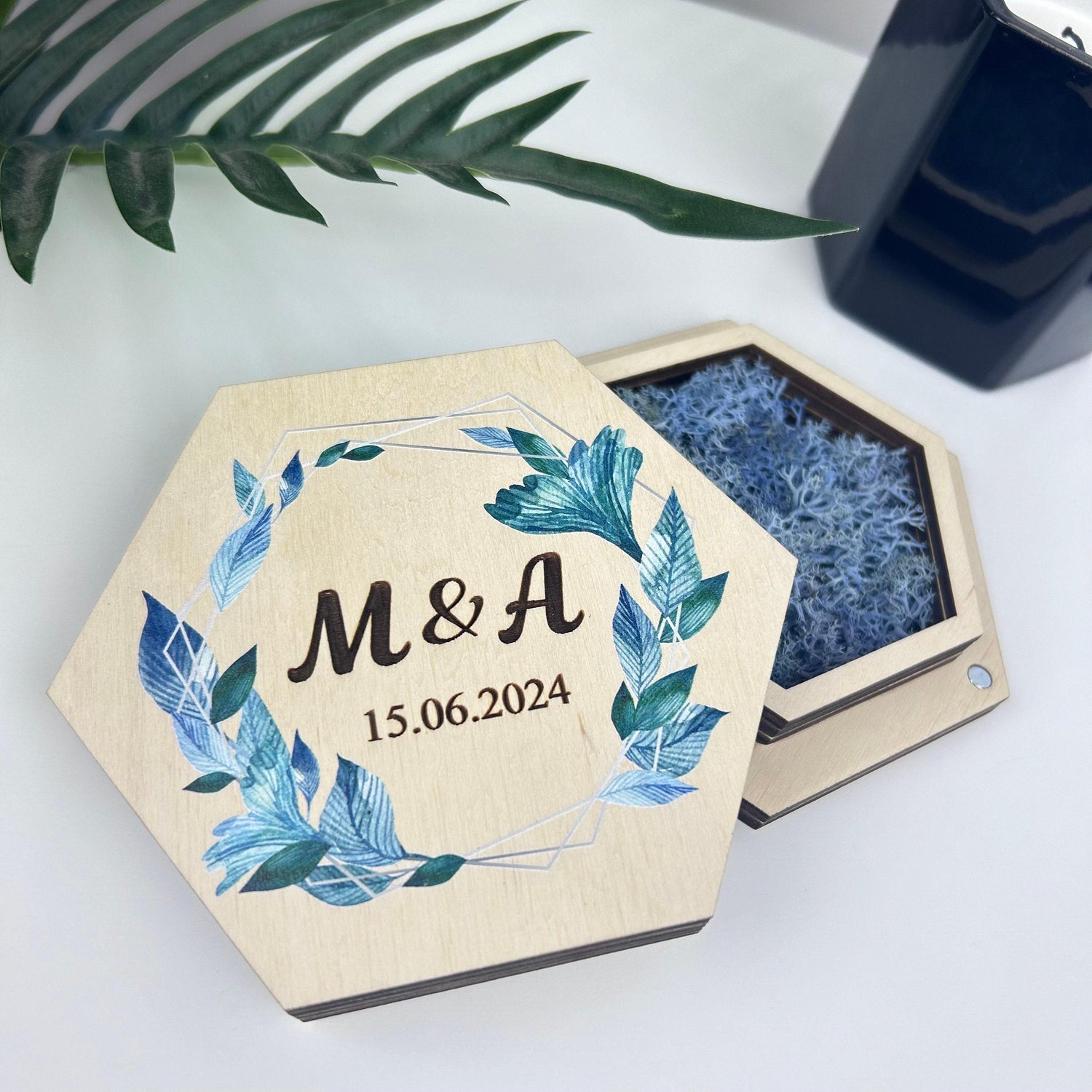 Custom wedding ring holder, ring bearer ring box, hexagon ring holder, double slot ring box, ceremony ring holder, ring box with names