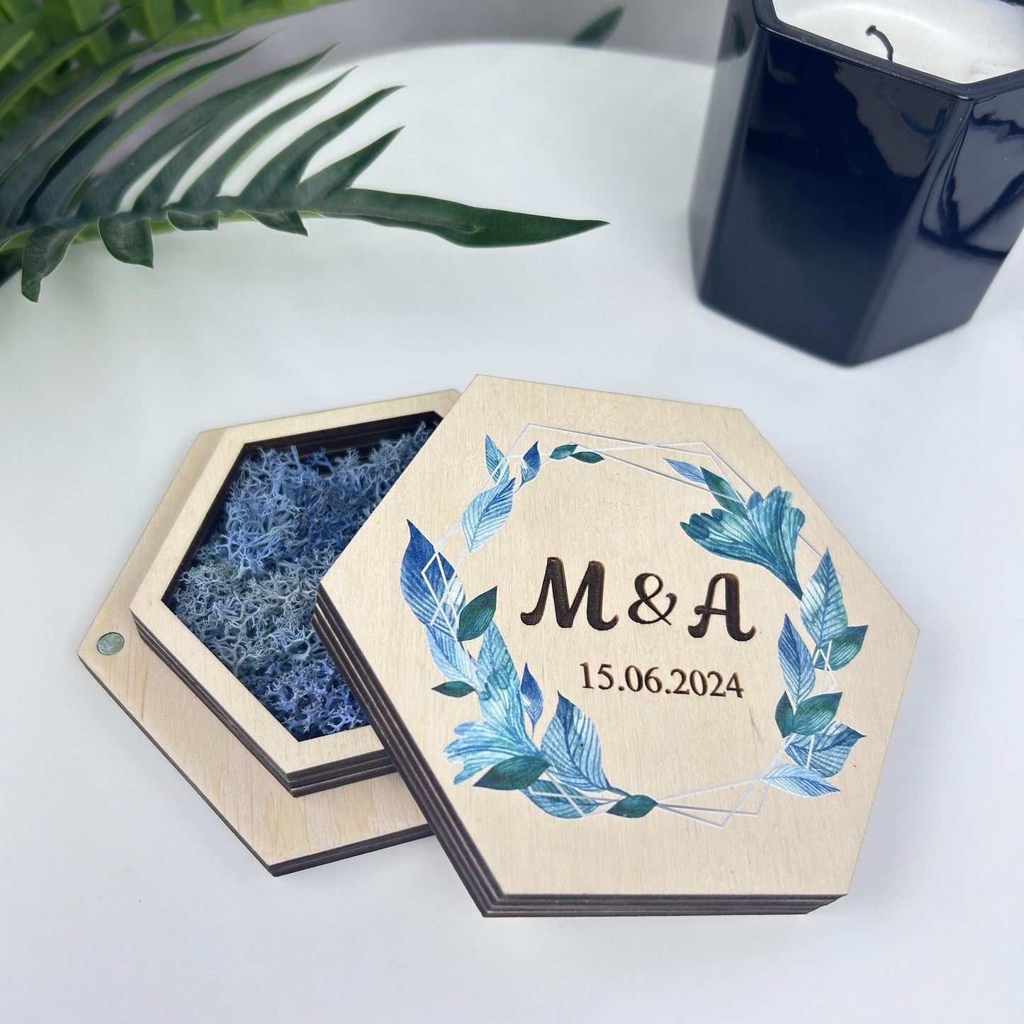 Custom wedding ring holder, ring bearer ring box, hexagon ring holder, double slot ring box, ceremony ring holder, ring box with names