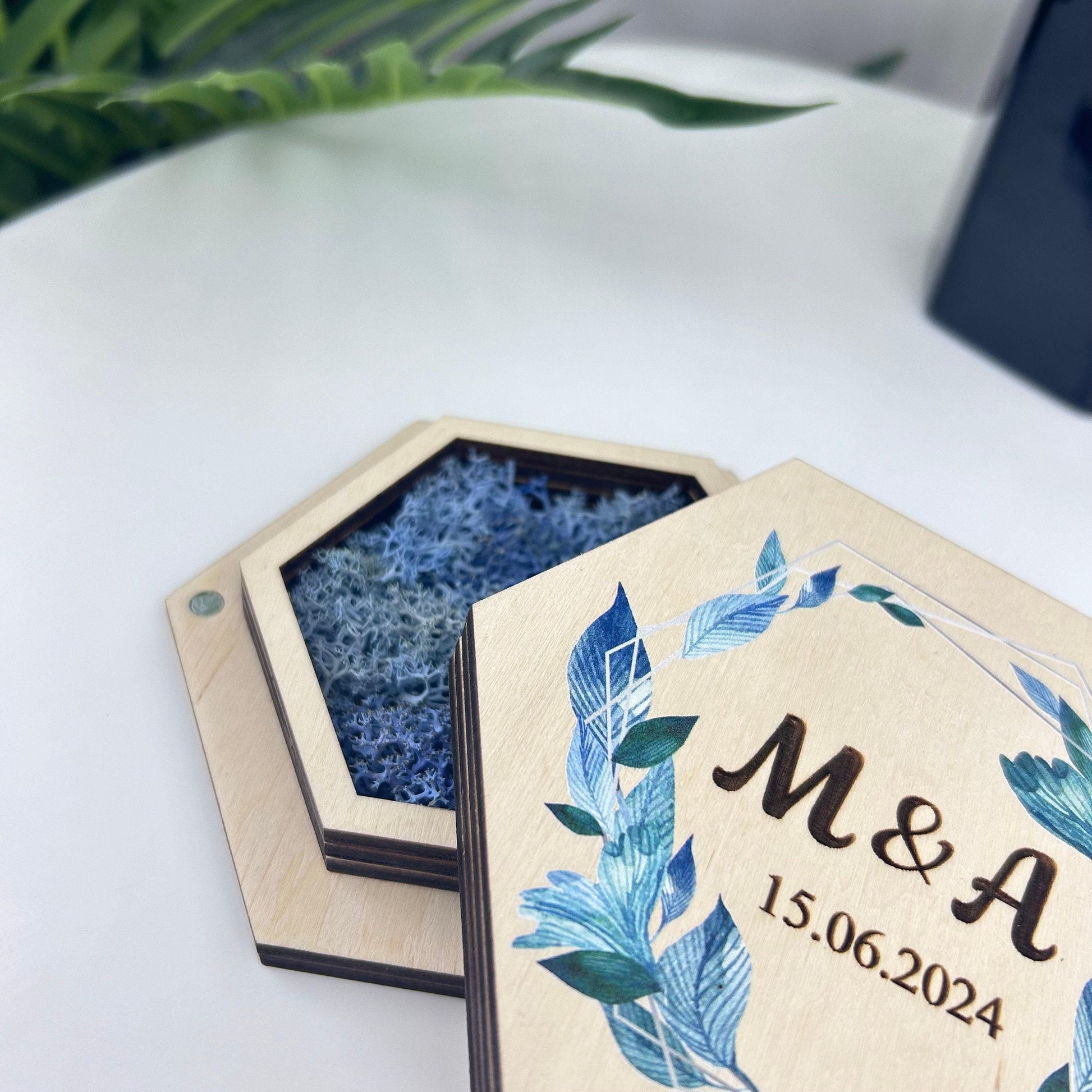 Custom wedding ring holder, ring bearer ring box, hexagon ring holder, double slot ring box, ceremony ring holder, ring box with names