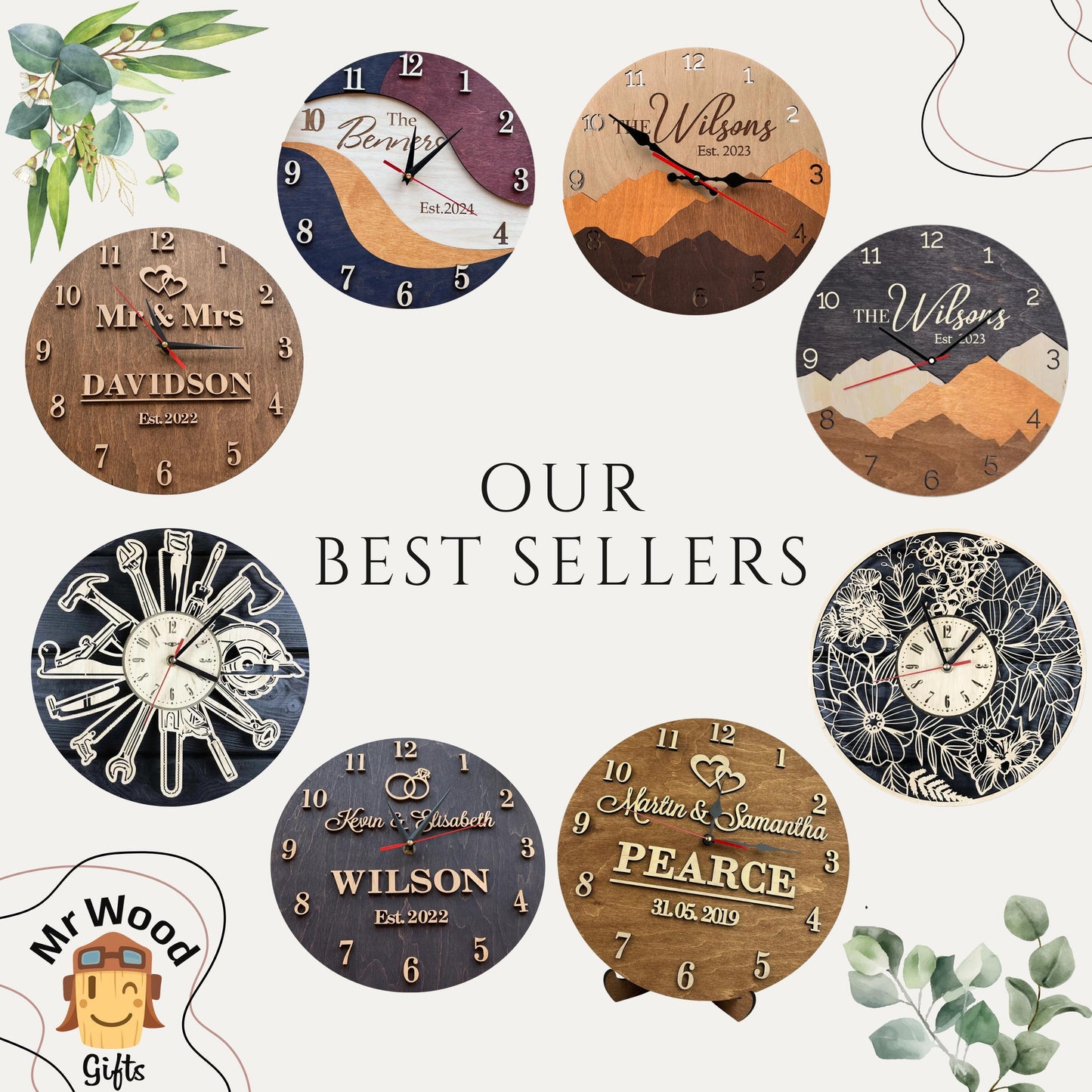 5th Anniversary Gift for Couple, Personalized Wall Clock & Family Name Sign