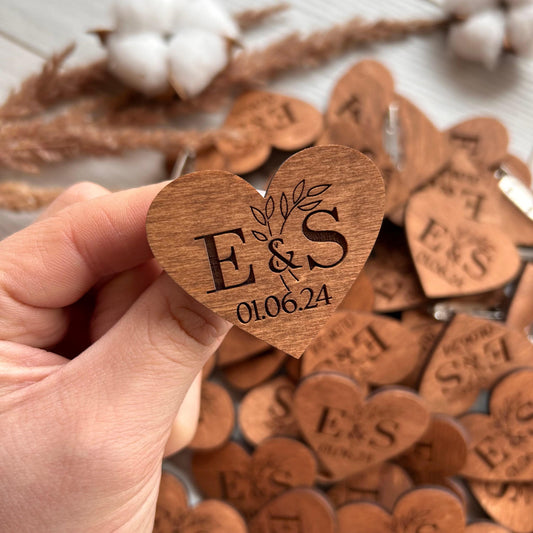Wooden engraved wedding hearts, wedding save the date, laser engraving initial pins