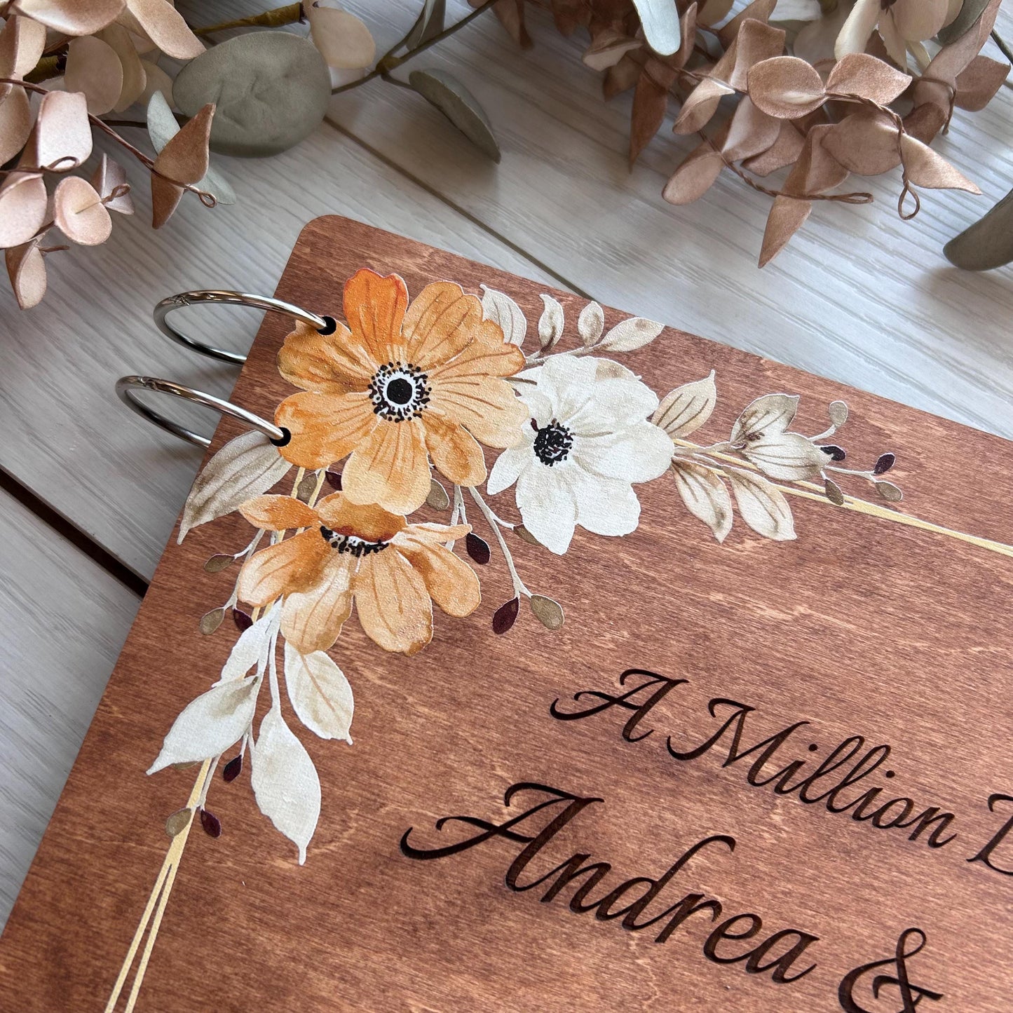 Custom autumn wedding book, wedding organizer, rust orange flowers, burnt orange book, minimalist fall flower wood book, wedding decor
