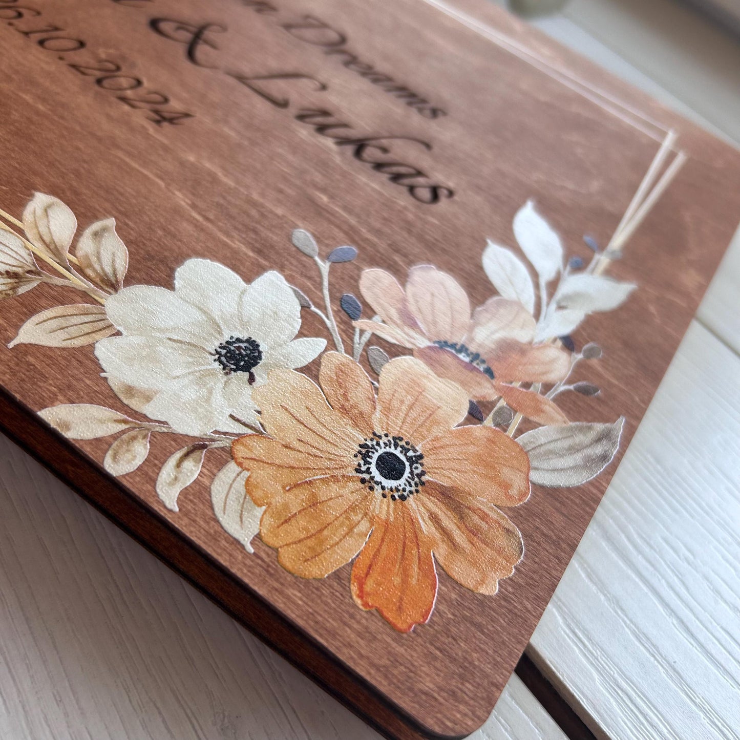 Custom autumn wedding book, wedding organizer, rust orange flowers, burnt orange book, minimalist fall flower wood book, wedding decor