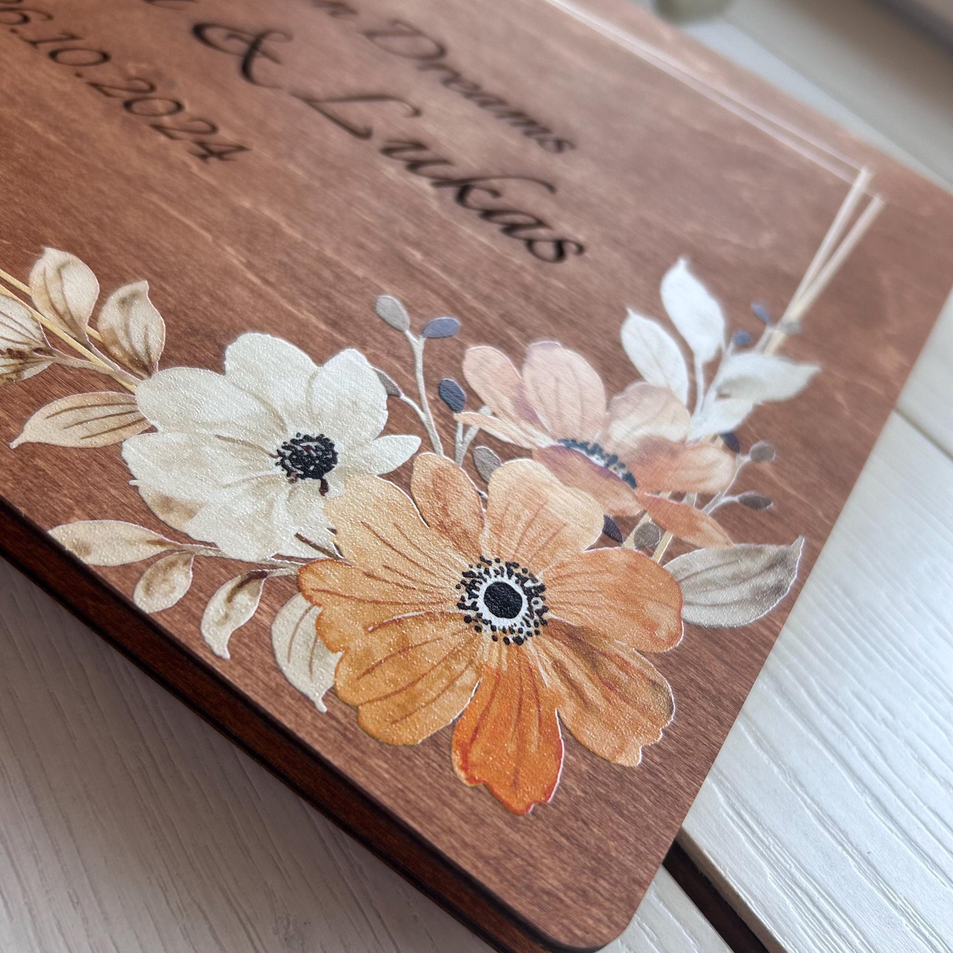 Custom autumn wedding book, wedding organizer, rust orange flowers, burnt orange book, minimalist fall flower wood book, wedding decor