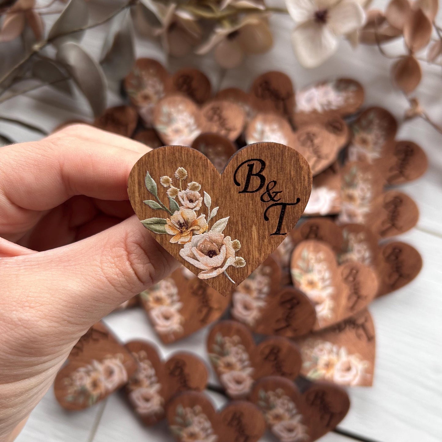 Rustic autumn wedding guests boutonnieres, wooden heart name badges, personalized name lapel pins in bulk, rust orange flowers brooch