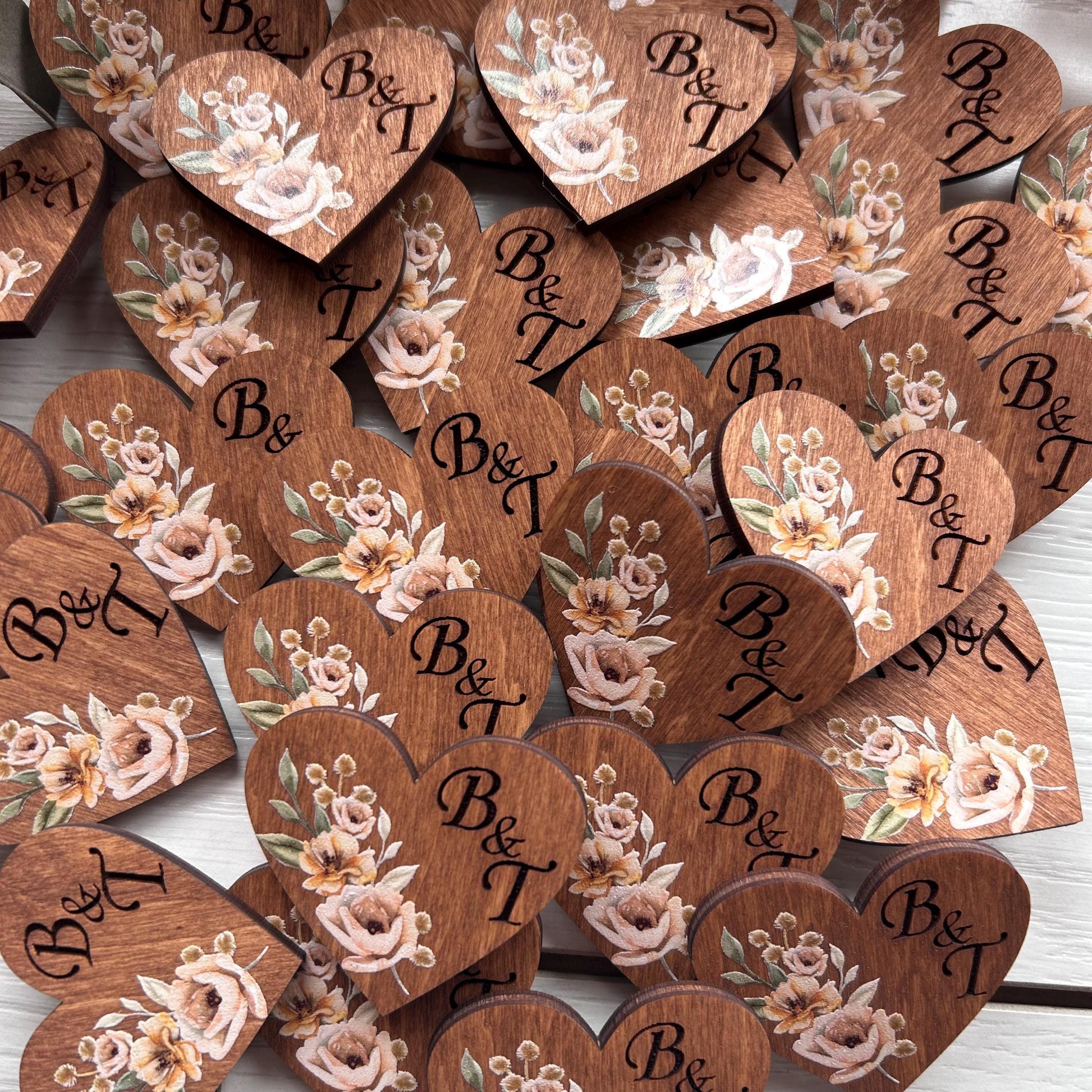 Rustic autumn wedding guests boutonnieres, wooden heart name badges, personalized name lapel pins in bulk, rust orange flowers brooch