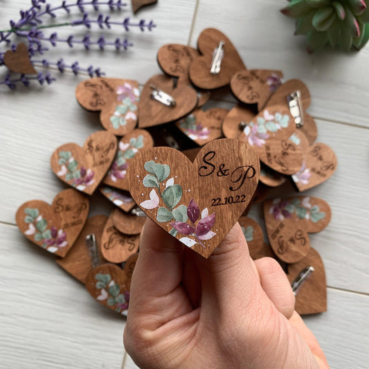 Wedding Boutonnieres for Guests - Engraved Wood Tags, Heart Shaped Pins In Bulk