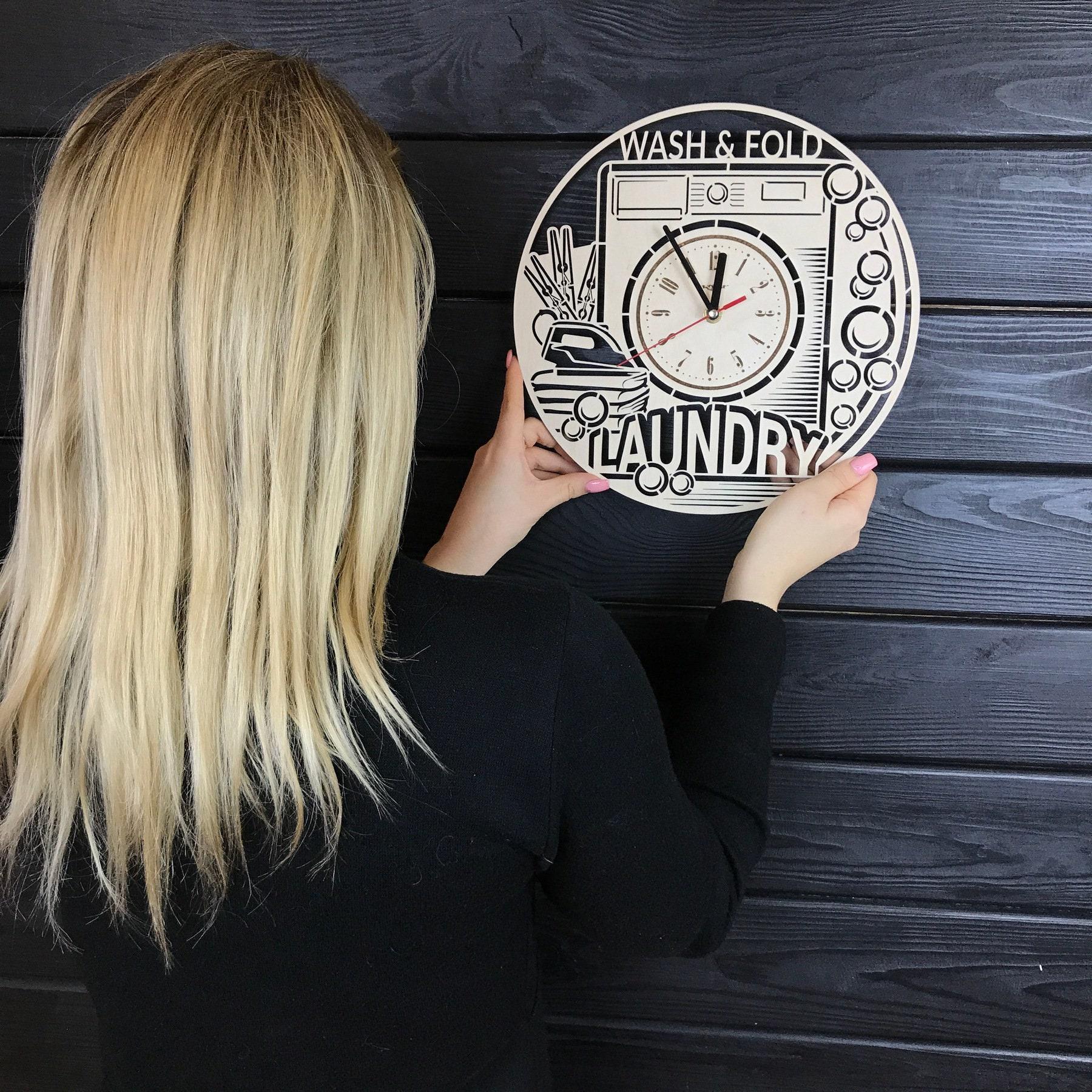 Laundry Room Wall Clock Hanging Laundry Wall Art Wood Decod for Laundry Room Personalized Sign for Wall Poster Laundry Room Gift Ideas