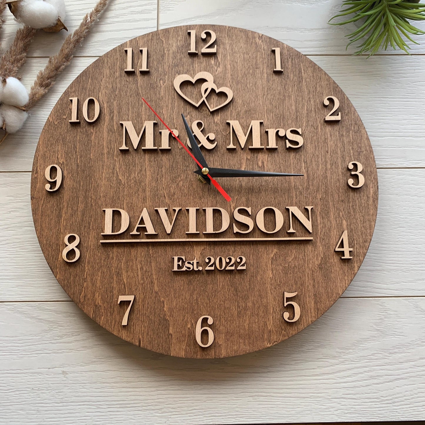 Personalized 5th Anniversary Clock, Wood Housewarming Gift, Family Name Sign, Gift for Him Her