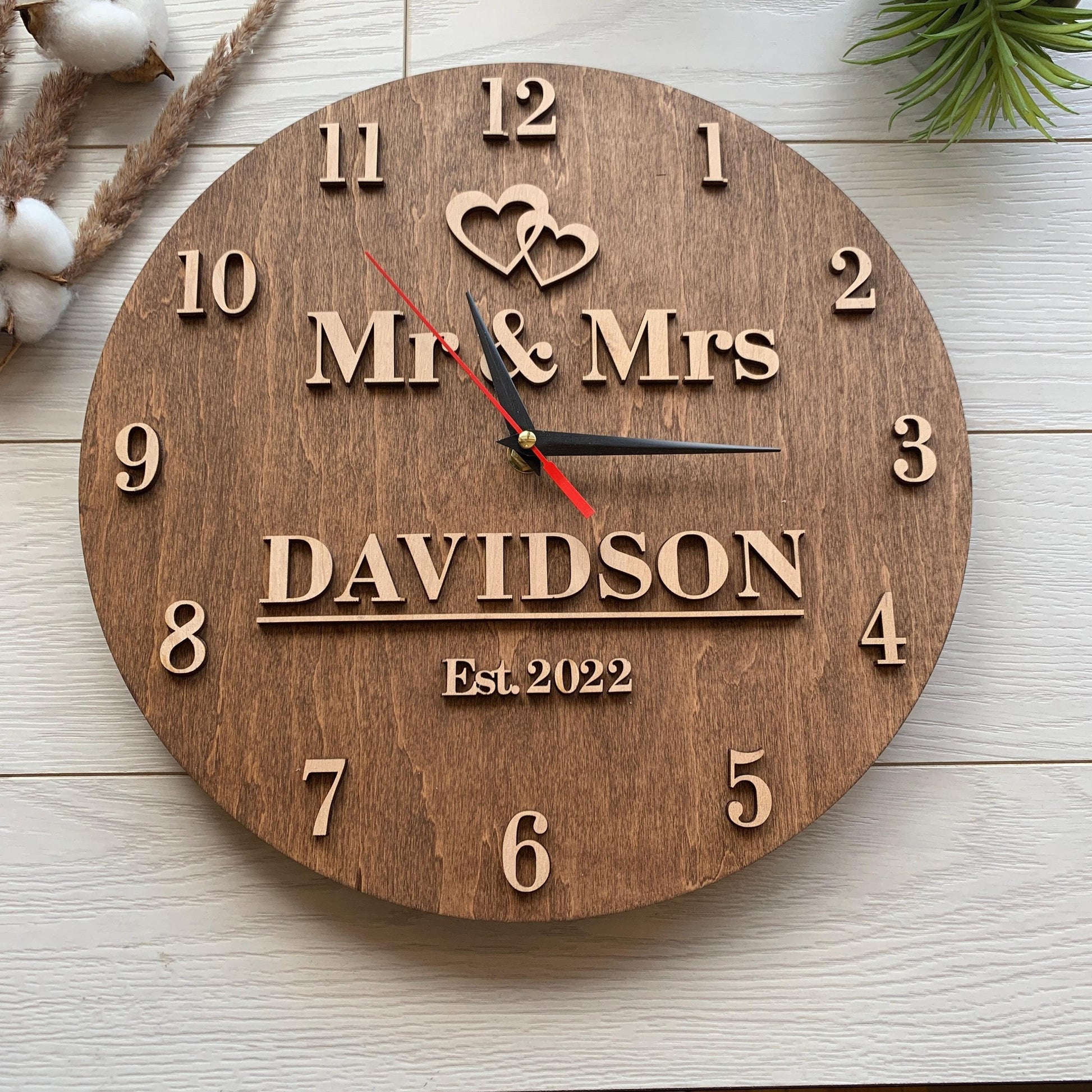 Personalized 5th Anniversary Clock, Wood Housewarming Gift, Family Name Sign, Gift for Him Her