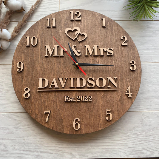 Personalized 5th Anniversary Clock, Wood Housewarming Gift, Family Name Sign, Gift for Him Her