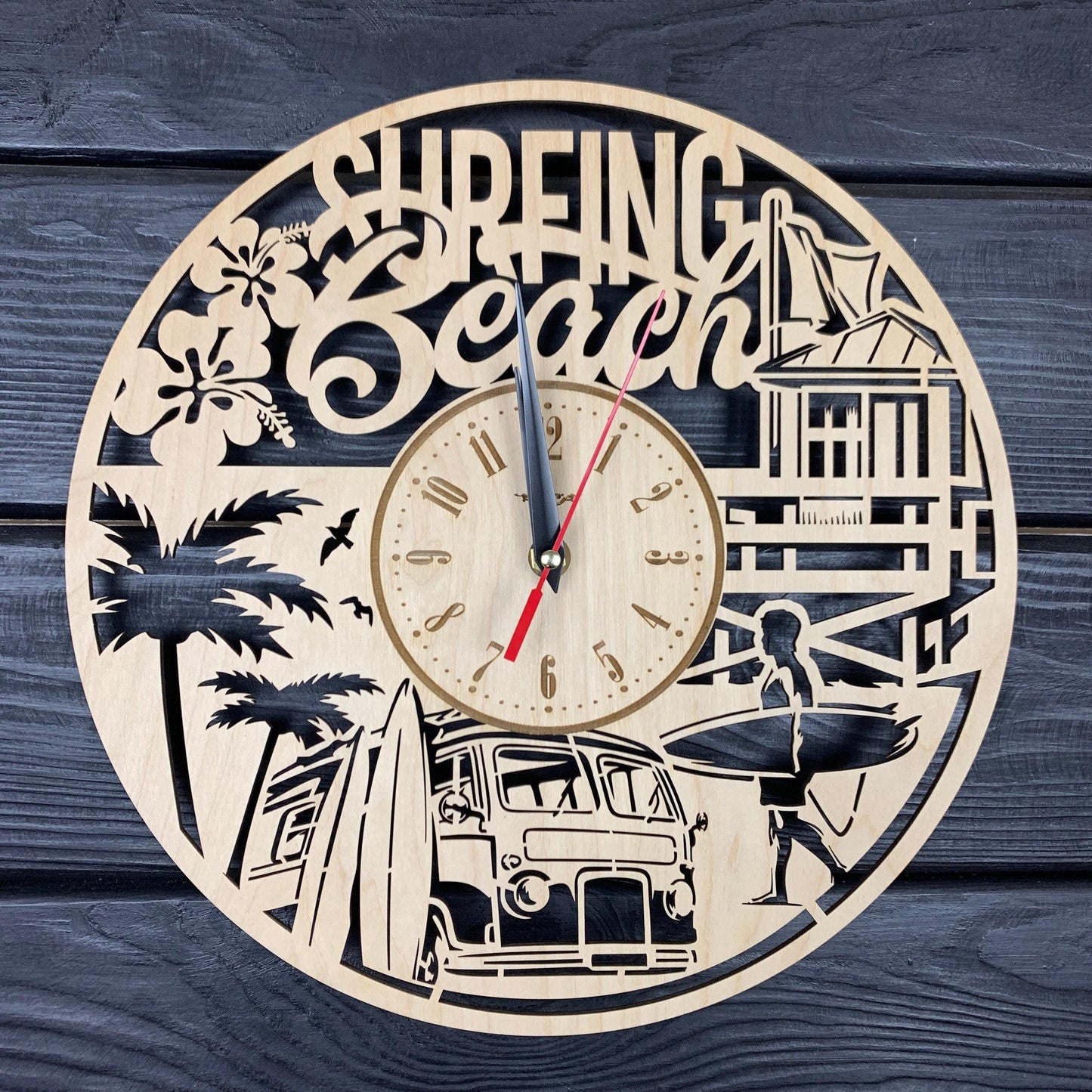 Surfing Beach Wall Clock Wood Gift Surfing Lovers Best Gift 5th Anniversary Personalize Surfing Poster Wood Hanging Custom Surfing Cutout