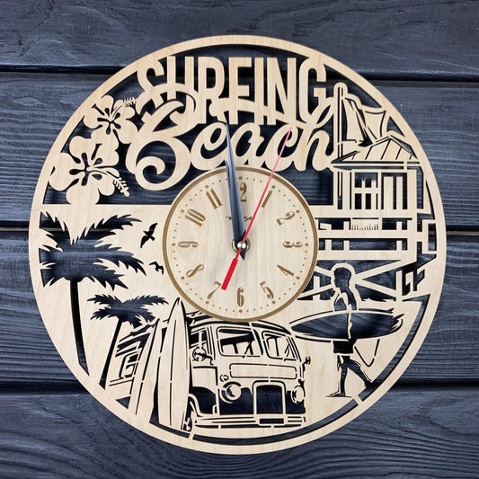 Surfing Beach Wall Clock Wood Gift Surfing Lovers Best Gift 5th Anniversary Personalize Surfing Poster Wood Hanging Custom Surfing Cutout