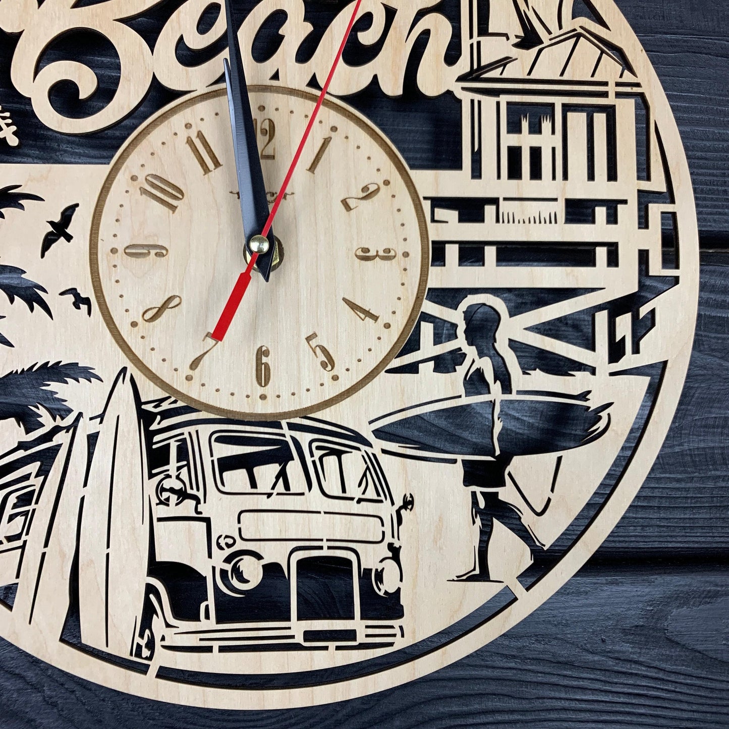 Surfing Beach Wall Clock Wood Gift Surfing Lovers Best Gift 5th Anniversary Personalize Surfing Poster Wood Hanging Custom Surfing Cutout