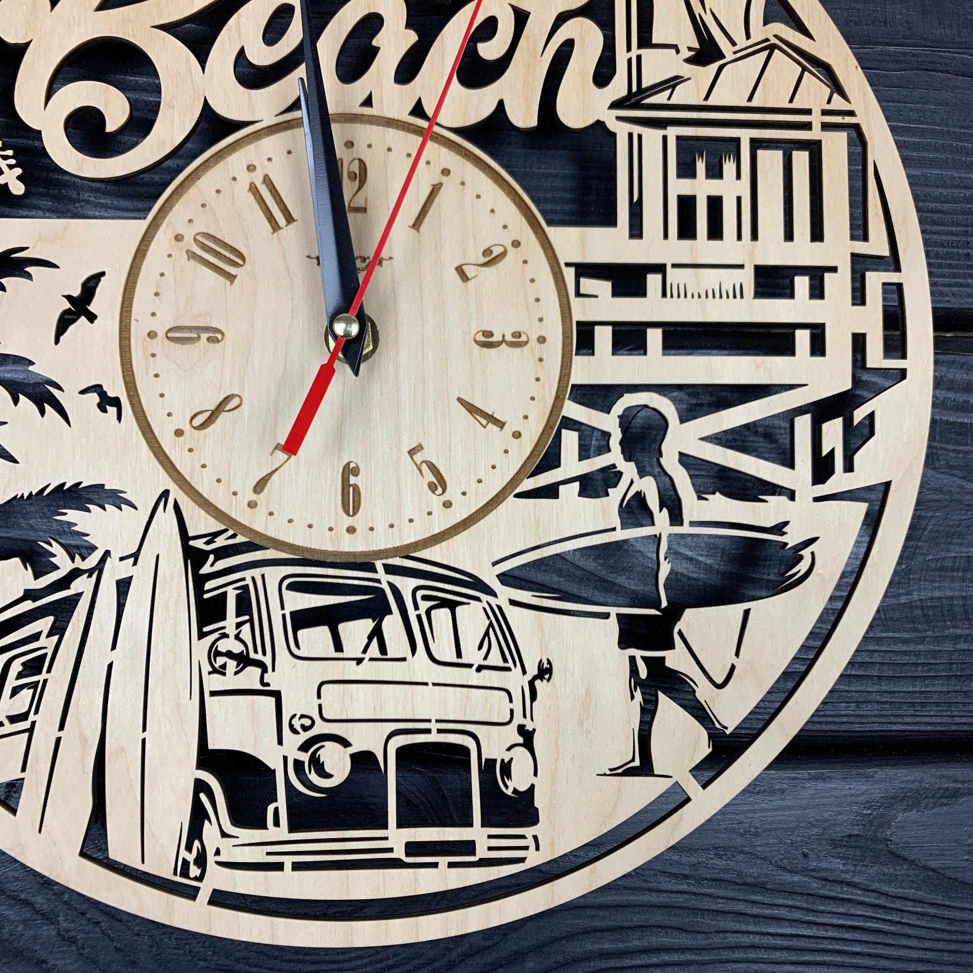 Surfing Beach Wall Clock Wood Gift Surfing Lovers Best Gift 5th Anniversary Personalize Surfing Poster Wood Hanging Custom Surfing Cutout