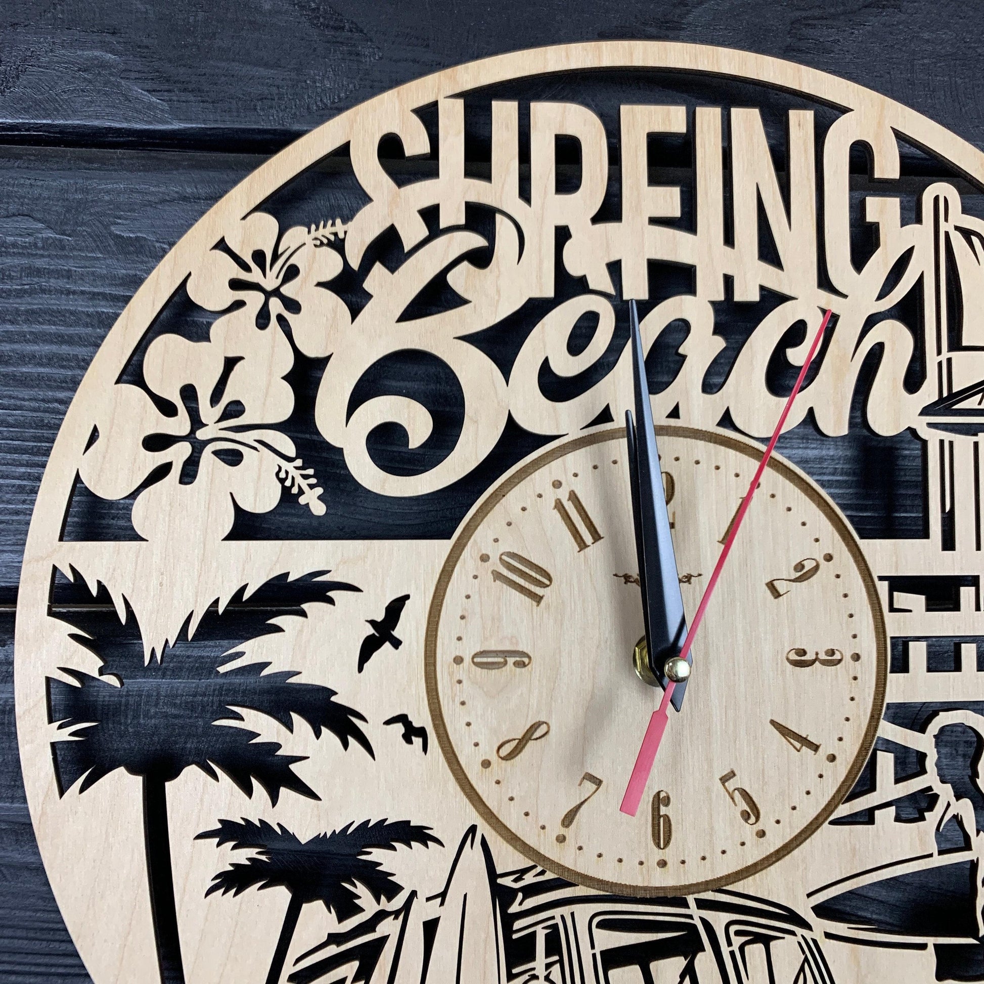 Surfing Beach Wall Clock Wood Gift Surfing Lovers Best Gift 5th Anniversary Personalize Surfing Poster Wood Hanging Custom Surfing Cutout