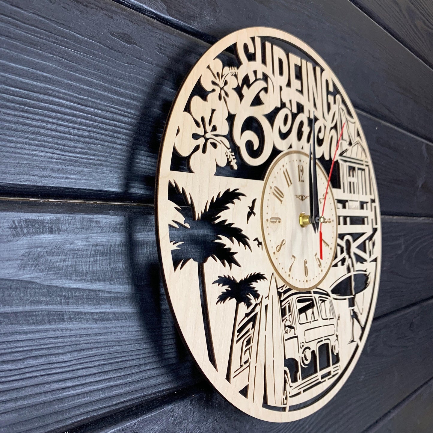 Surfing Beach Wall Clock Wood Gift Surfing Lovers Best Gift 5th Anniversary Personalize Surfing Poster Wood Hanging Custom Surfing Cutout