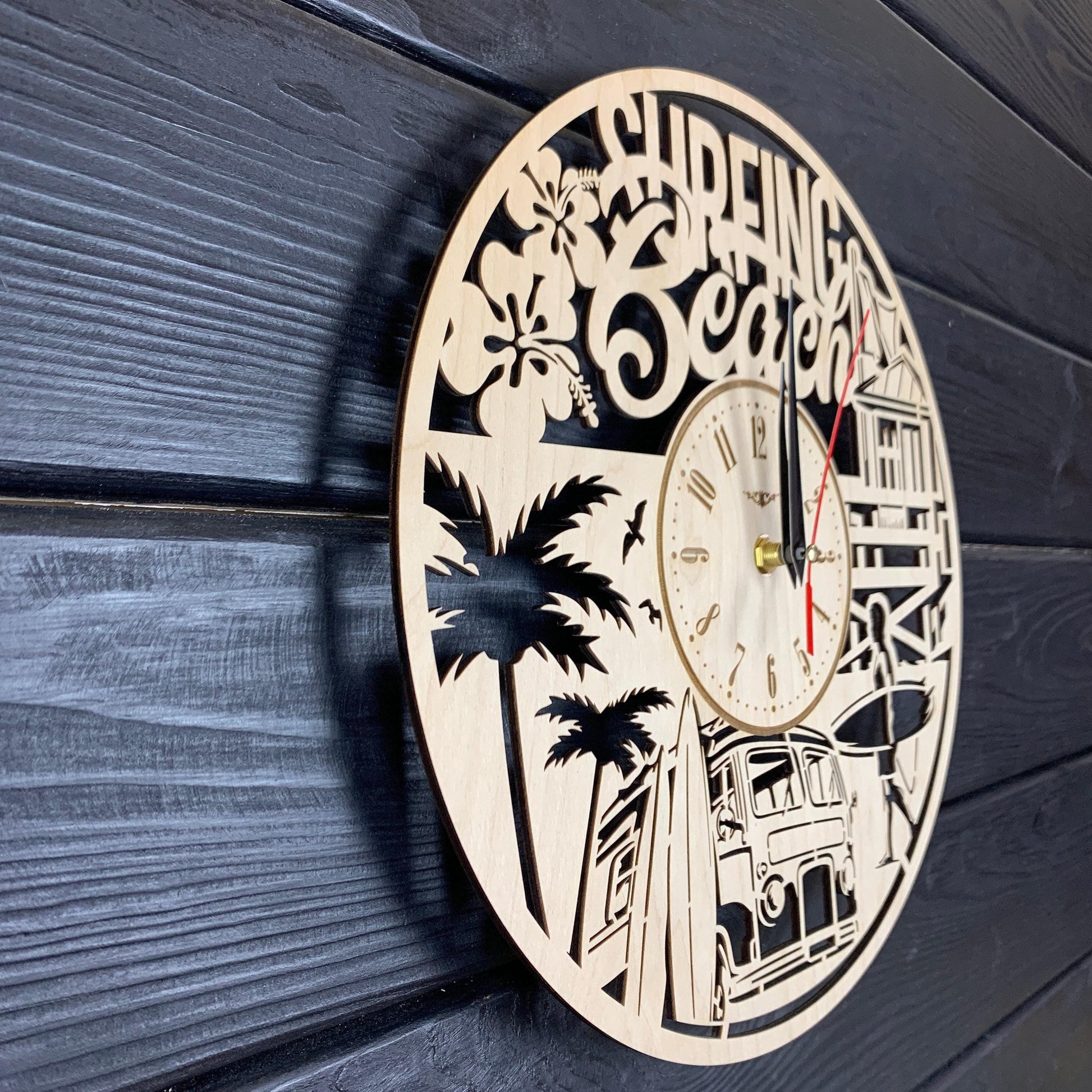 Surfing Beach Wall Clock Wood Gift Surfing Lovers Best Gift 5th Anniversary Personalize Surfing Poster Wood Hanging Custom Surfing Cutout