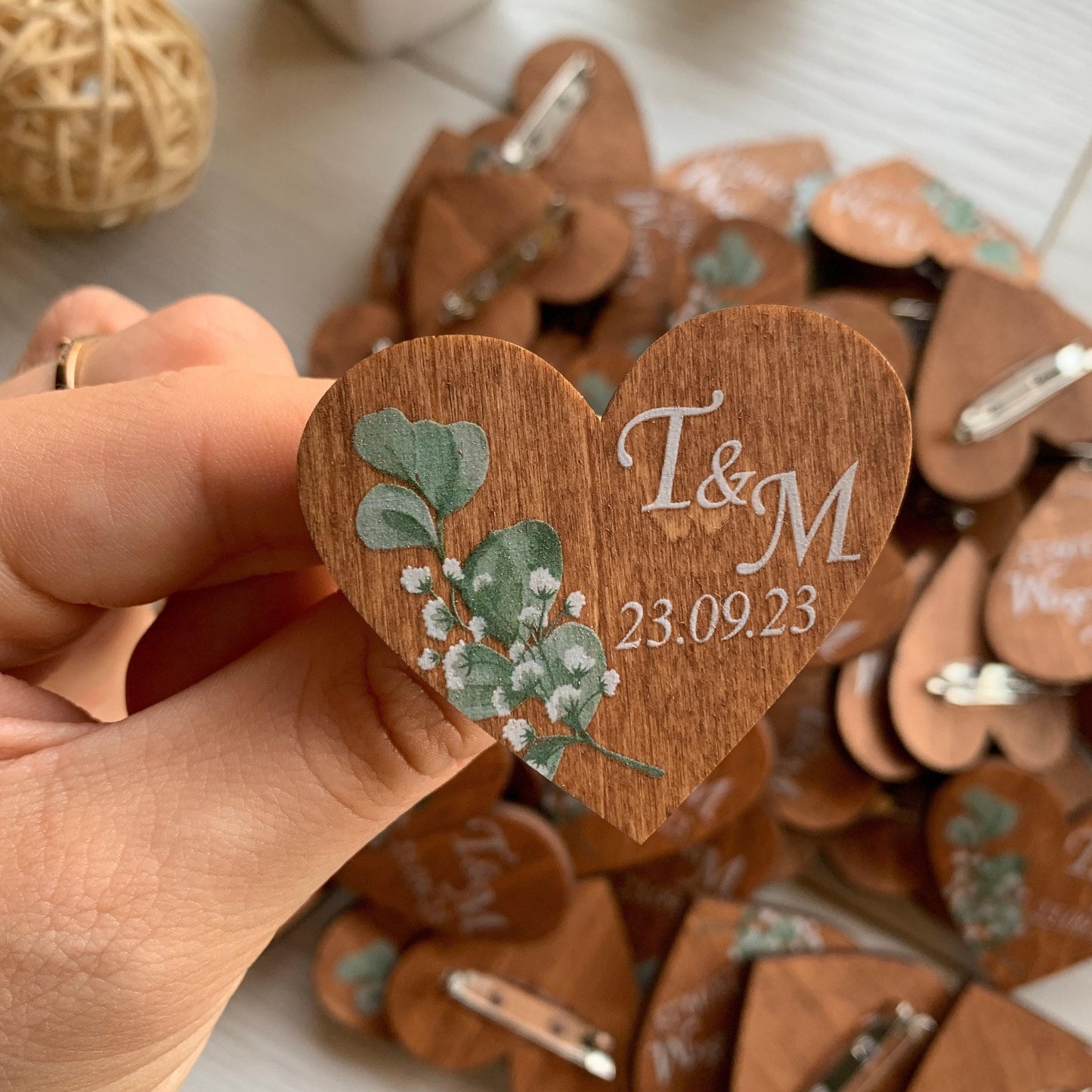 Custom wooden name hearts, personalized wedding boutonnieres, wedding guest favors