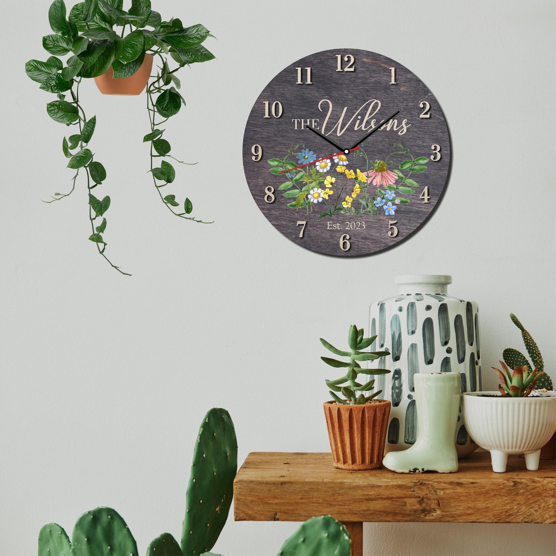 Family Name Clock, Personalized Wood Wall Clock & Wildflower Decor