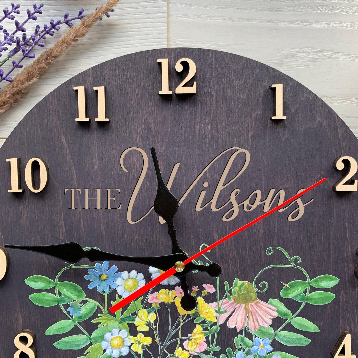 Family Name Clock, Personalized Wood Wall Clock & Wildflower Decor