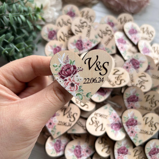 Personalized Wedding Lapel Pin, Heart Boutonniere With Custom Name, Wooden Guest Favors