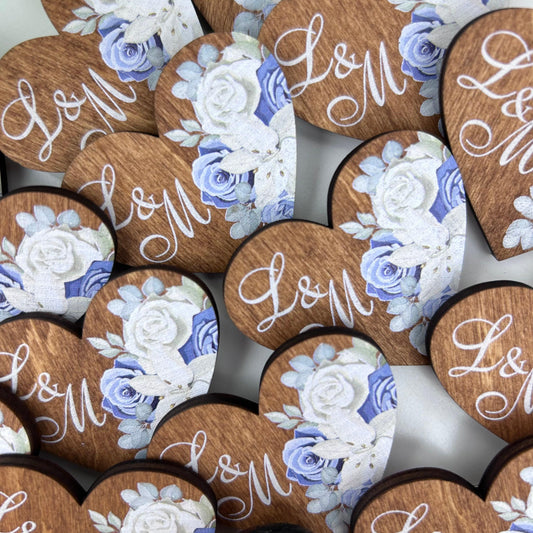 Rose Boutonniere, Personalized Wedding Favors, Engraved Name Tags, Blue & White Floral Rustic Keepsake