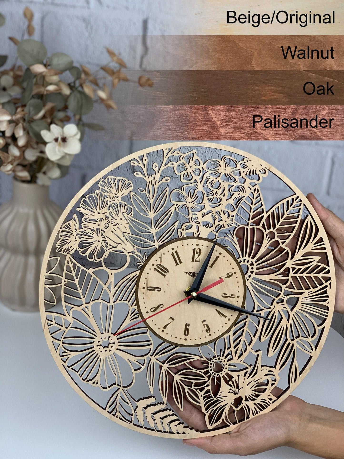Flower Wall Clock, Rustic Wood Decor, Silent Non Ticking, Boho Wildflower Art, Farmhouse Style