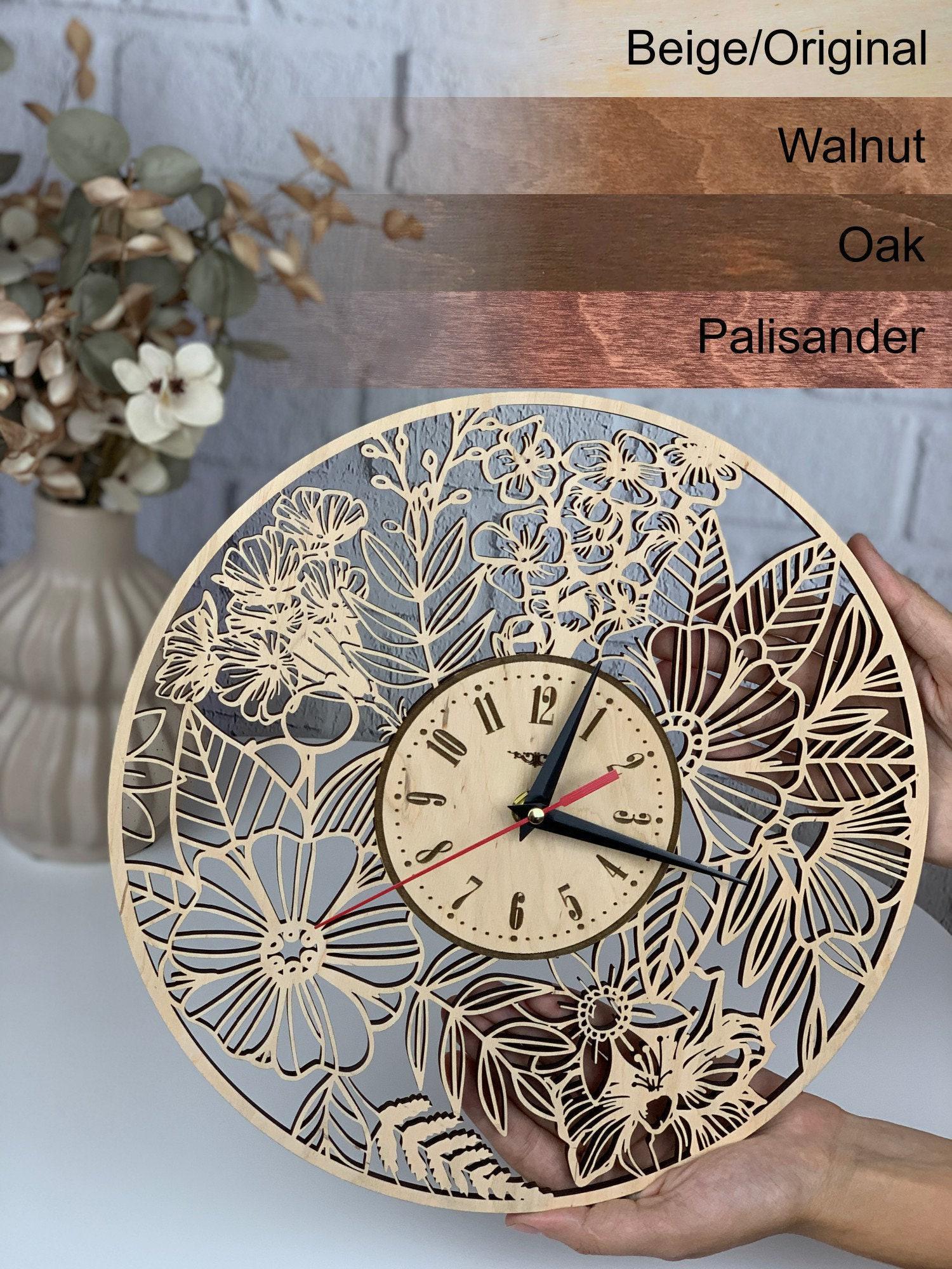 Flower Wall Clock, Rustic Wood Decor, Silent Non Ticking, Boho Wildflower Art, Farmhouse Style