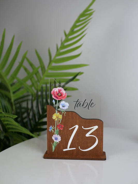 Modern wedding table numbers, wood table number set, wedding table decor, wildflower numbers set, clear table number, table decorations